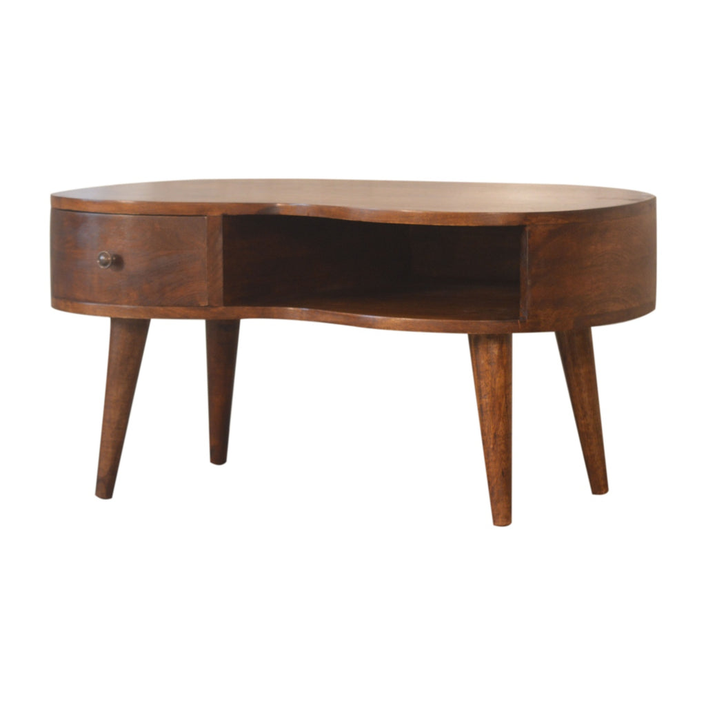 Wave Edge Mango Wood Coffee Table with Drawer, Chestnut, 80 cm