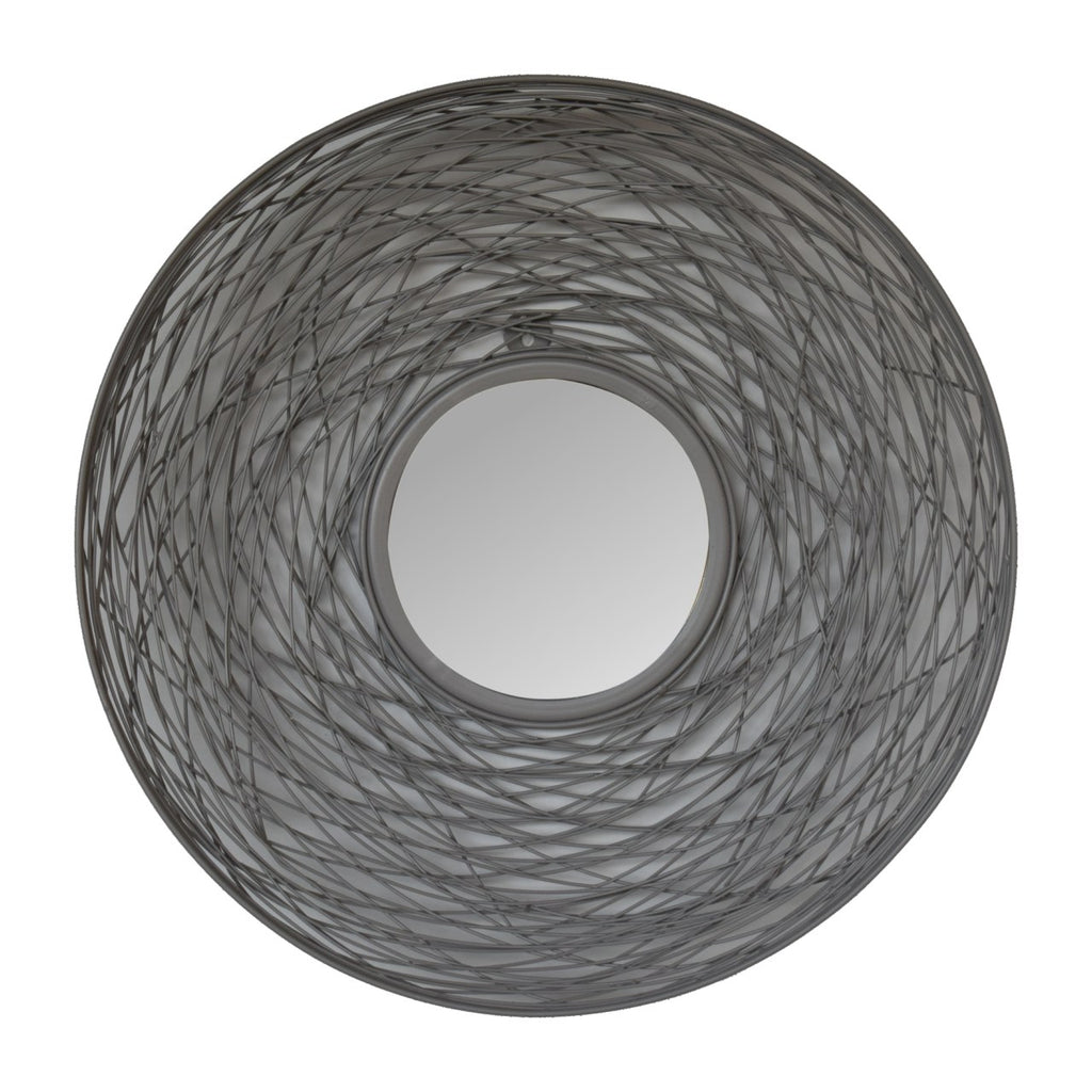 Round wall mirror with a woven nest-style iron frame in French grey