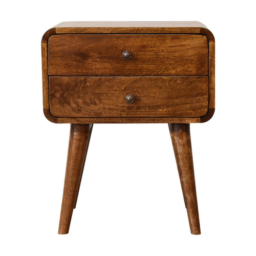 Curved chestnut mango wood bedside table with 2 drawers