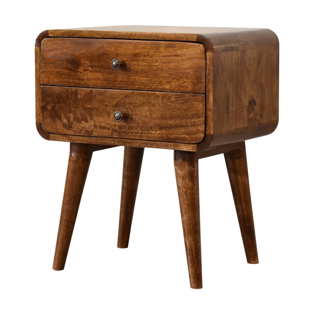 Curved Mango Wood Bedside Table with 2 Drawers, Chestnut