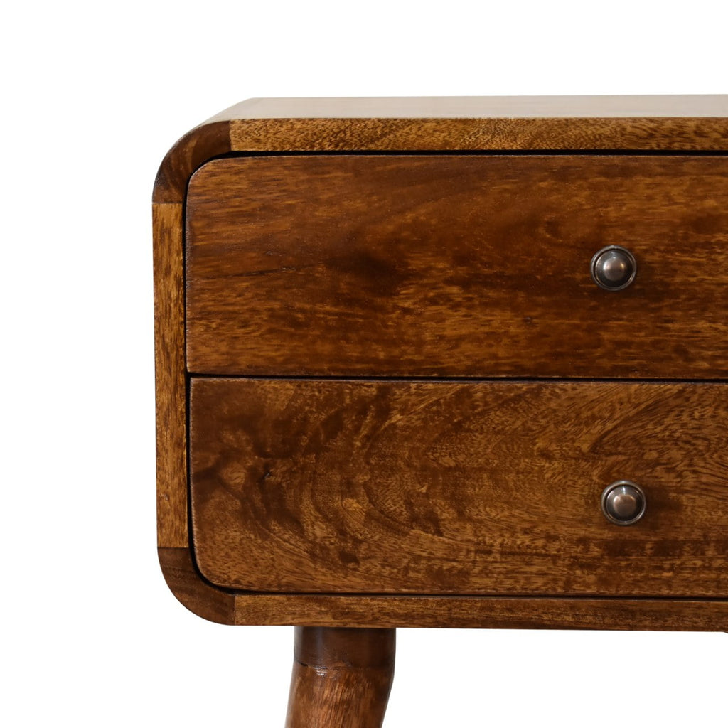 Curved Mango Wood Bedside Table with 2 Drawers, Chestnut