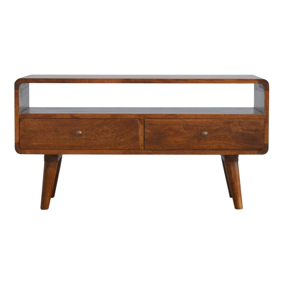Curved chestnut mango wood TV unit with 2 drawers