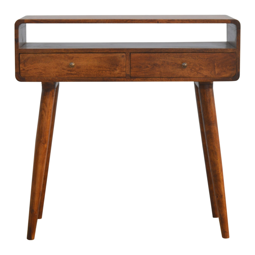 Curved chestnut mango wood console table with 2 drawers