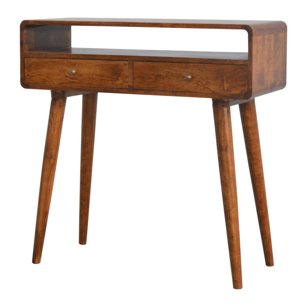 Curved Mango Wood Console Table with 2 Drawers, Chestnut, 90 cm