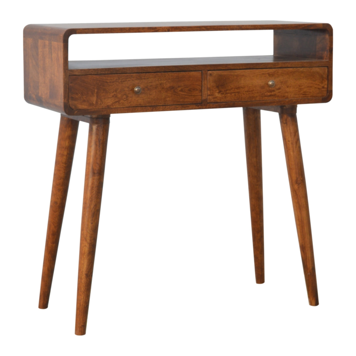 Curved Mango Wood Console Table with 2 Drawers, Chestnut, 90 cm