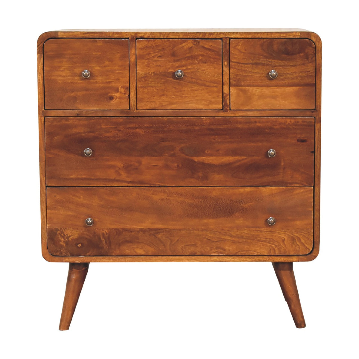 Curved Mango Wood Chest of 5 Drawers (3 over 2), Chestnut