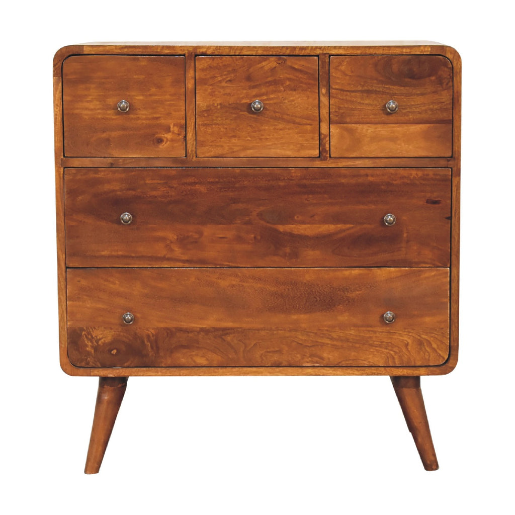 Curved Mango Wood Chest of 5 Drawers (3 over 2), Chestnut