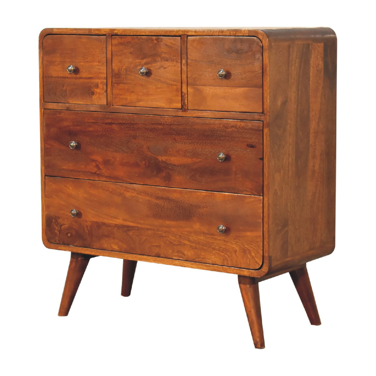 Curved Mango Wood Chest of 5 Drawers (3 over 2), Chestnut