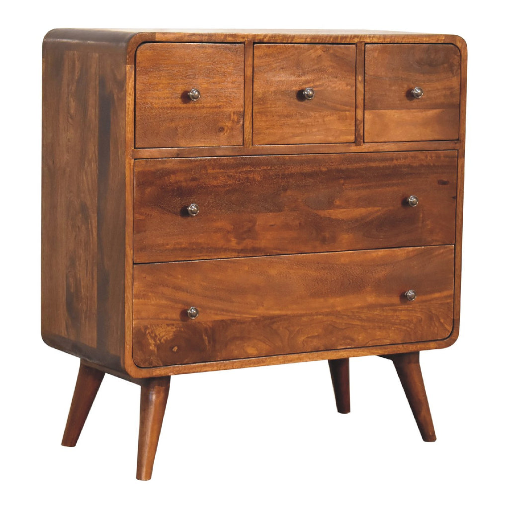 Curved Mango Wood Chest of 5 Drawers (3 over 2), Chestnut