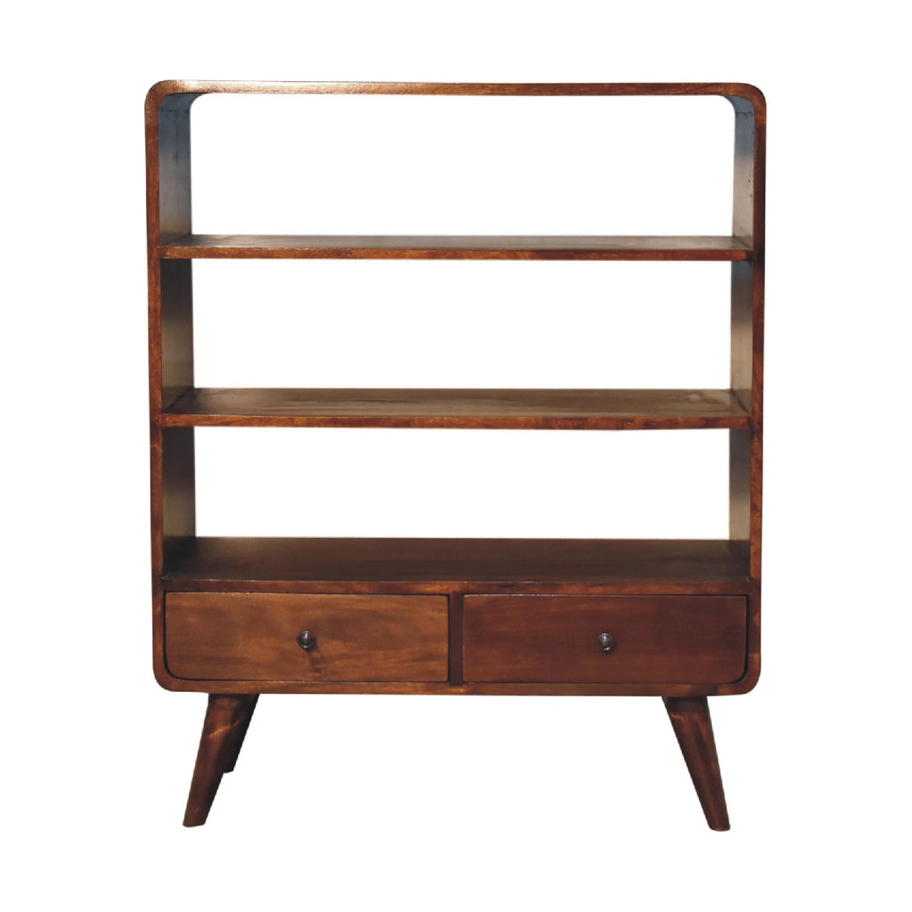 Curved Mango Wood Low Bookcase with 2 Drawers, Chestnut