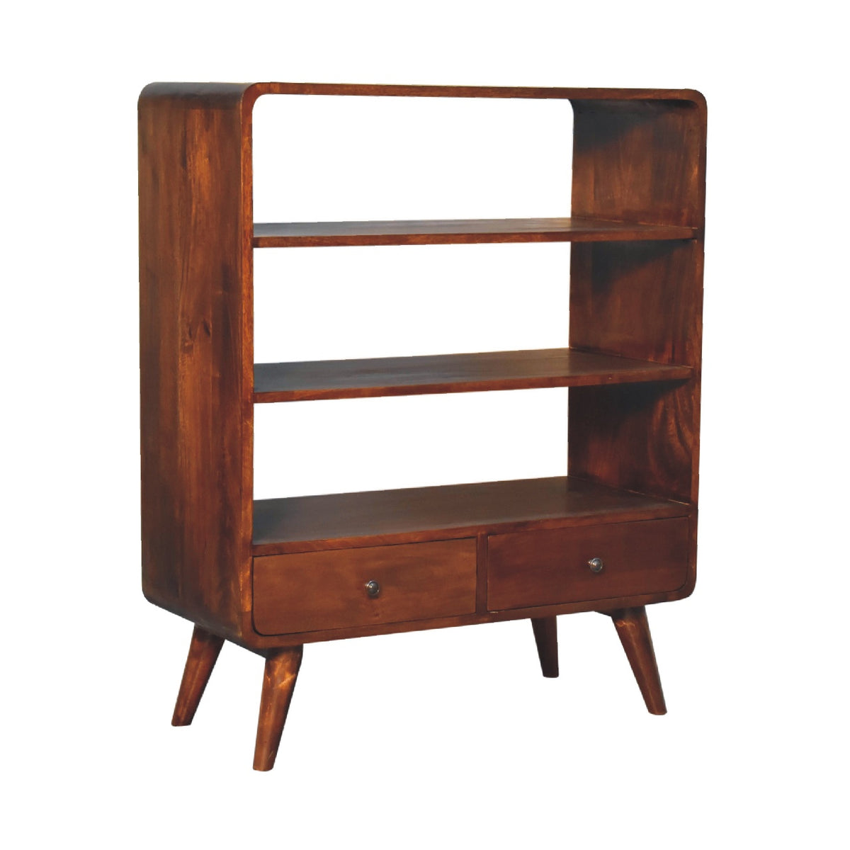 Curved Mango Wood Low Bookcase with 2 Drawers, Chestnut