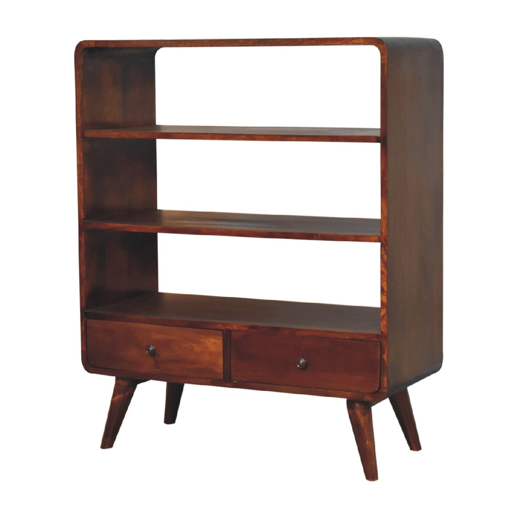 Curved Mango Wood Low Bookcase with 2 Drawers, Chestnut