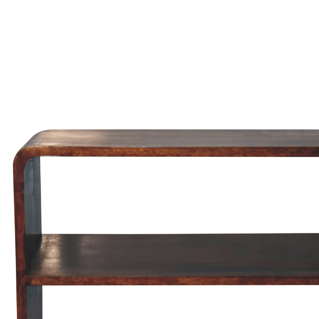 Curved Mango Wood Low Bookcase with 2 Drawers, Chestnut