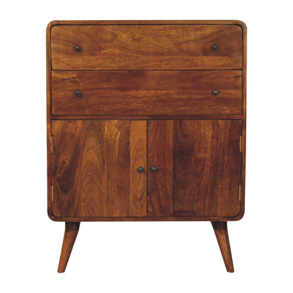 Curved Mango Wood Cabinet with 2 Drawers and 2 Doors, Chestnut