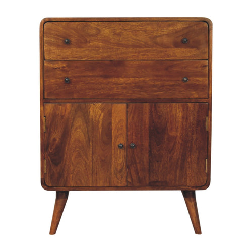 Curved Mango Wood Cabinet with 2 Drawers and 2 Doors, Chestnut