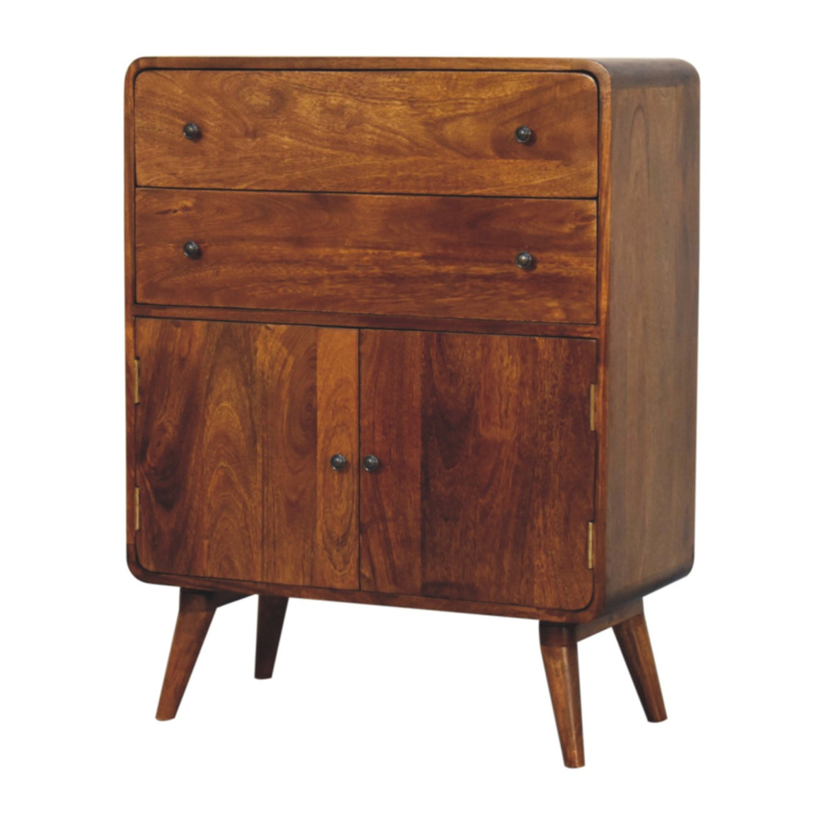 Curved Mango Wood Cabinet with 2 Drawers and 2 Doors, Chestnut