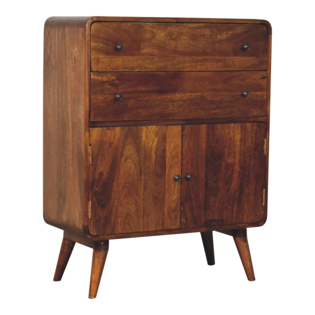 Curved Mango Wood Cabinet with 2 Drawers and 2 Doors, Chestnut