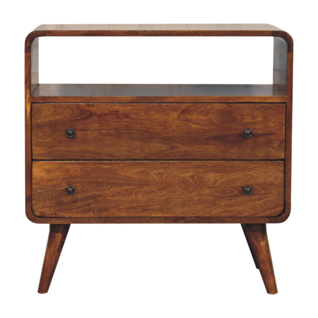 Curved Mango Wood Small Chest with 2 Drawers and Shelf, Chestnut