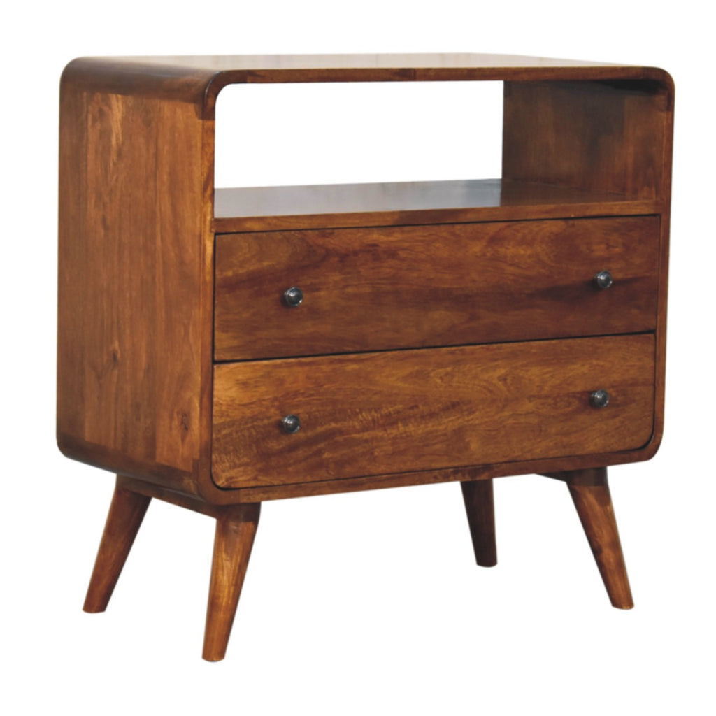 Curved Mango Wood Small Chest with 2 Drawers and Shelf, Chestnut