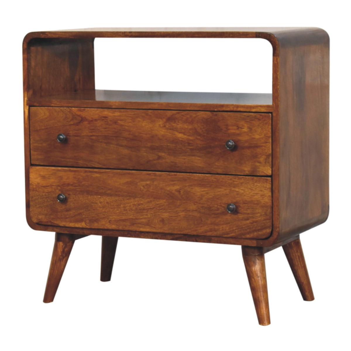 Curved Mango Wood Small Chest with 2 Drawers and Shelf, Chestnut