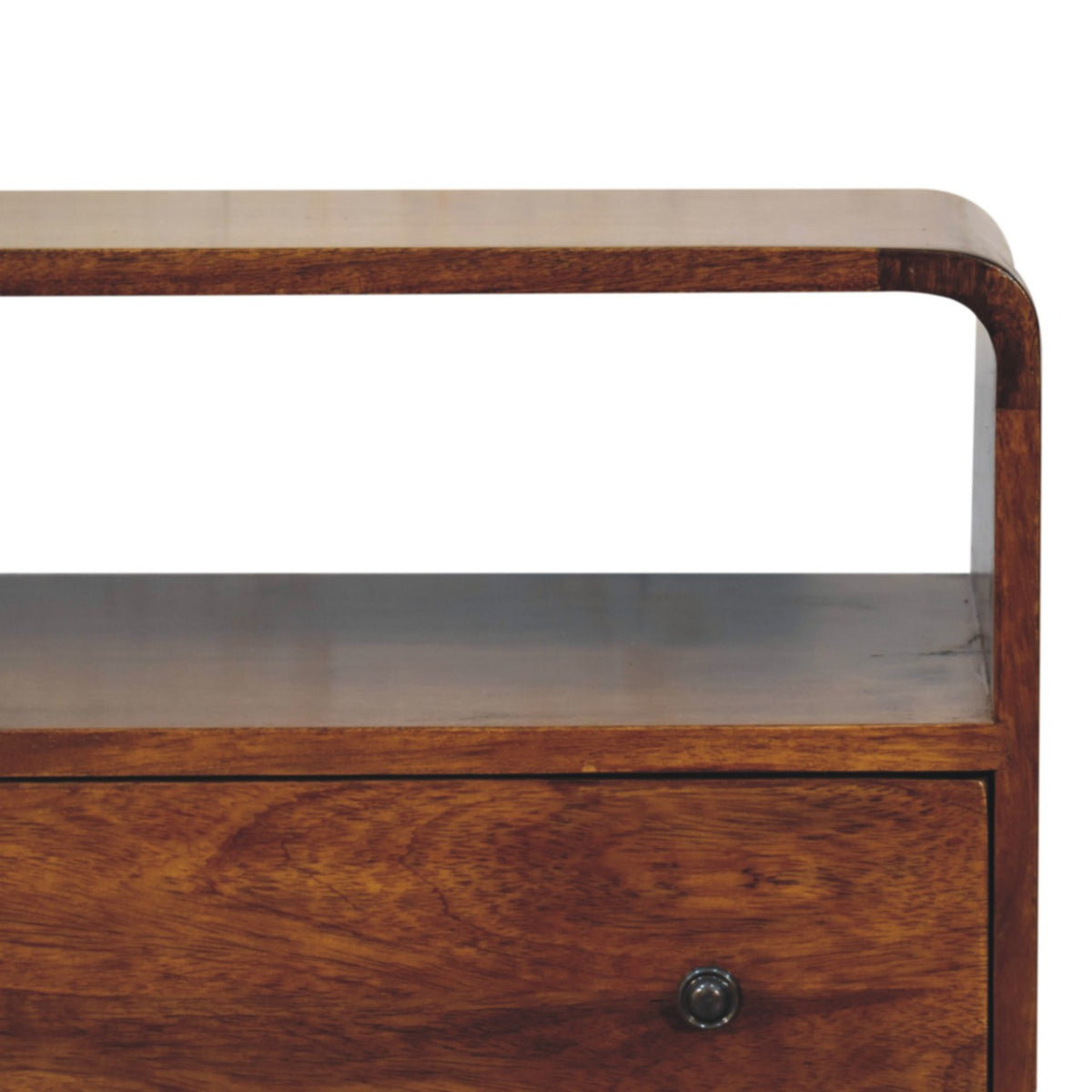 Curved Mango Wood Small Chest with 2 Drawers and Shelf, Chestnut