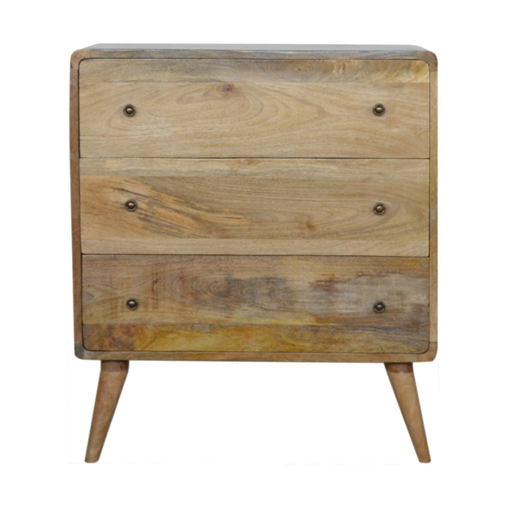 Curved Mango Wood Chest of Drawers, Oak Finish, 70 cm