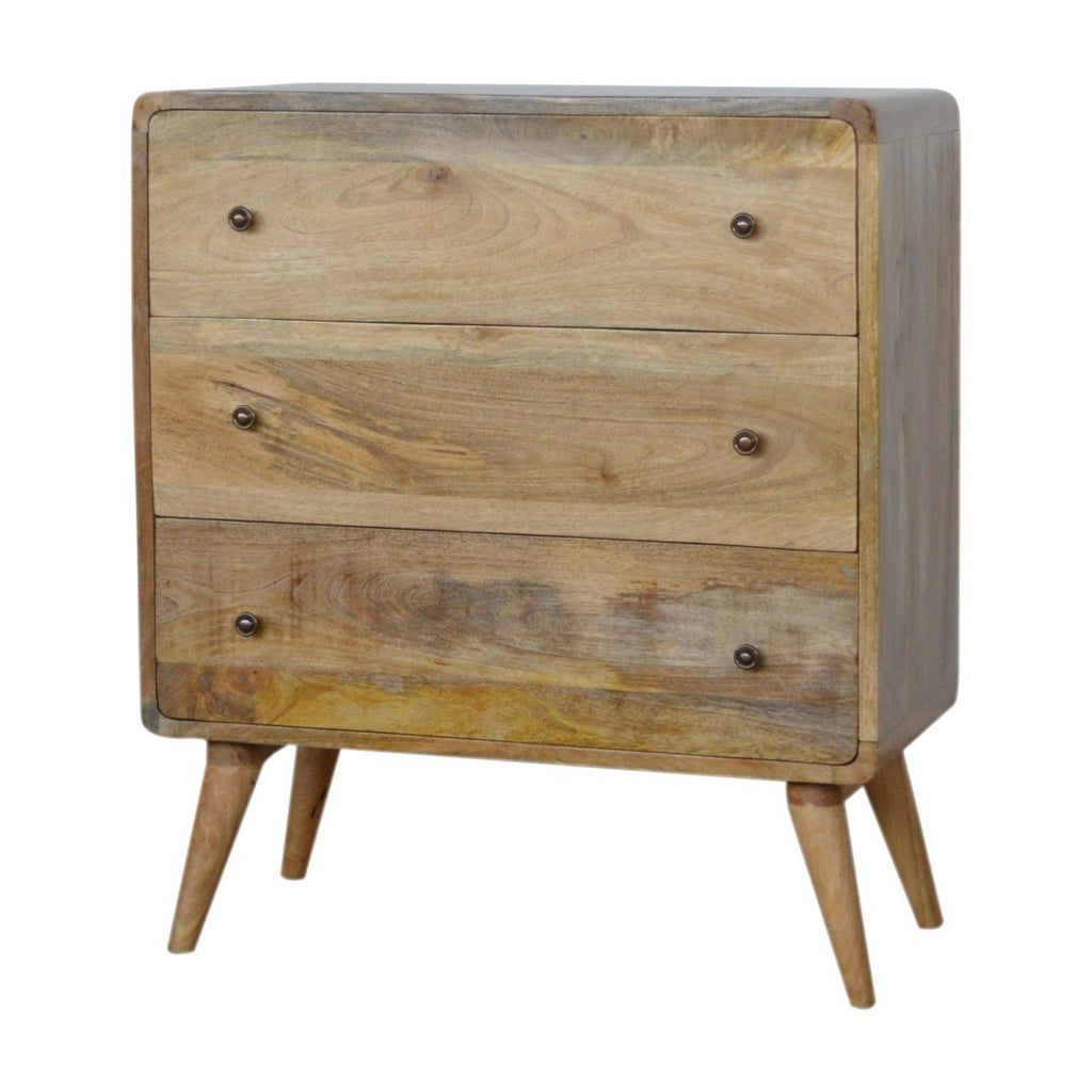 Curved Mango Wood Chest of Drawers, Oak Finish, 70 cm