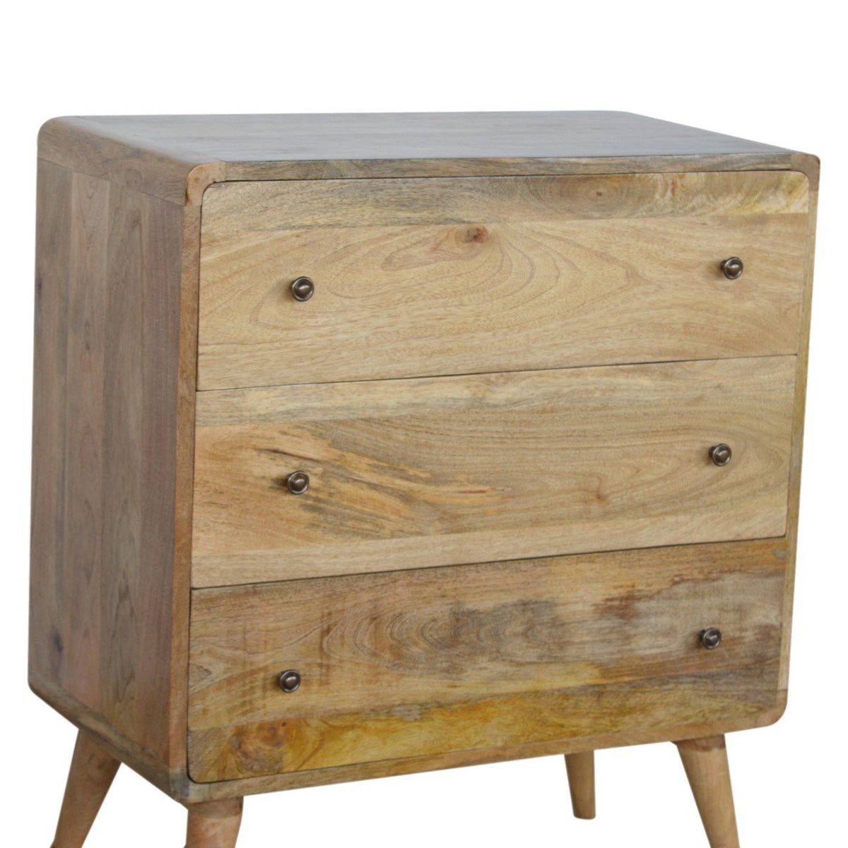 Curved Mango Wood Chest of Drawers, Oak Finish, 70 cm