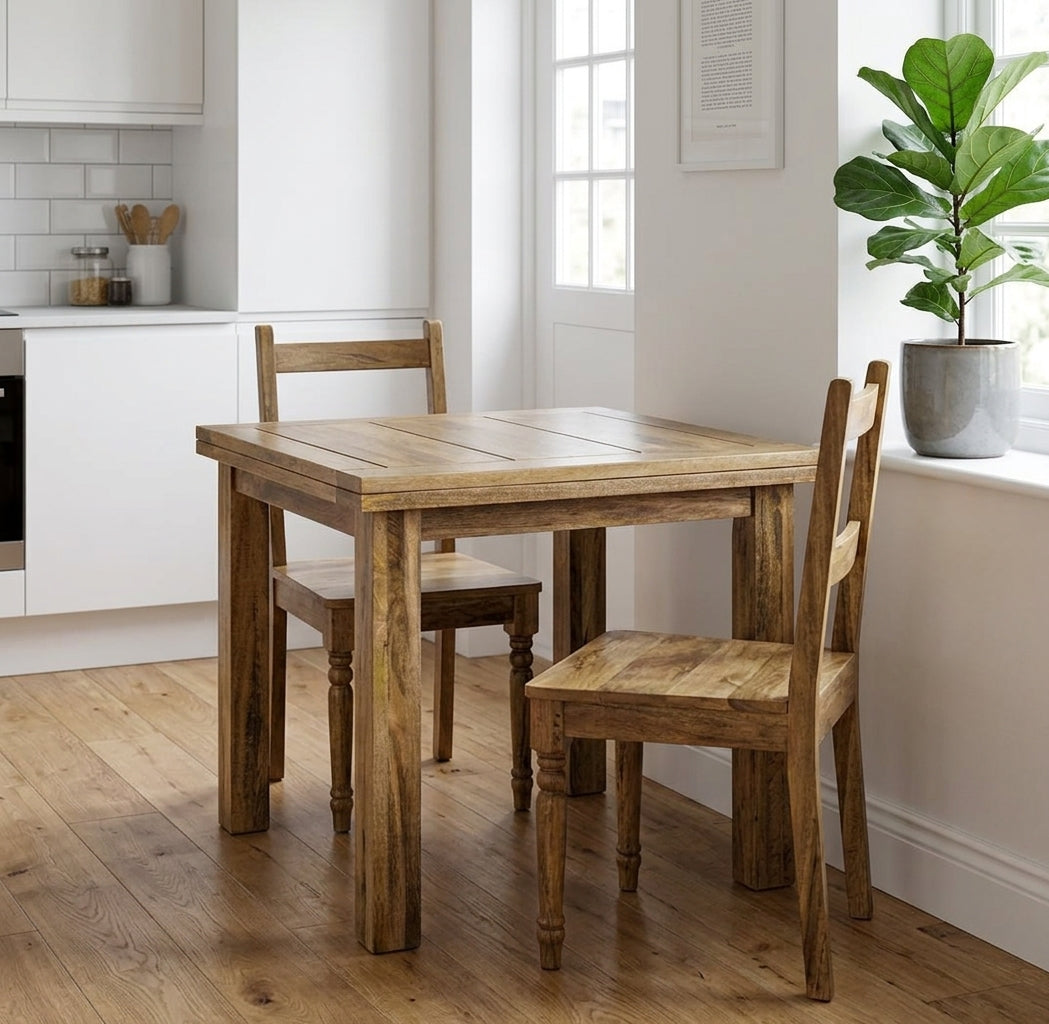 Granary drop-leaf mango wood dining table with two chairs in a white kitchen (chairs not included)