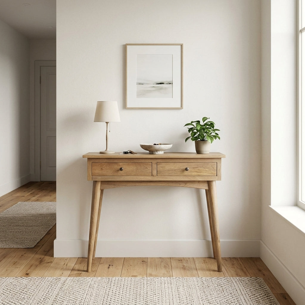 Oak-finish hallway console table with 2 drawers, lamp and plant