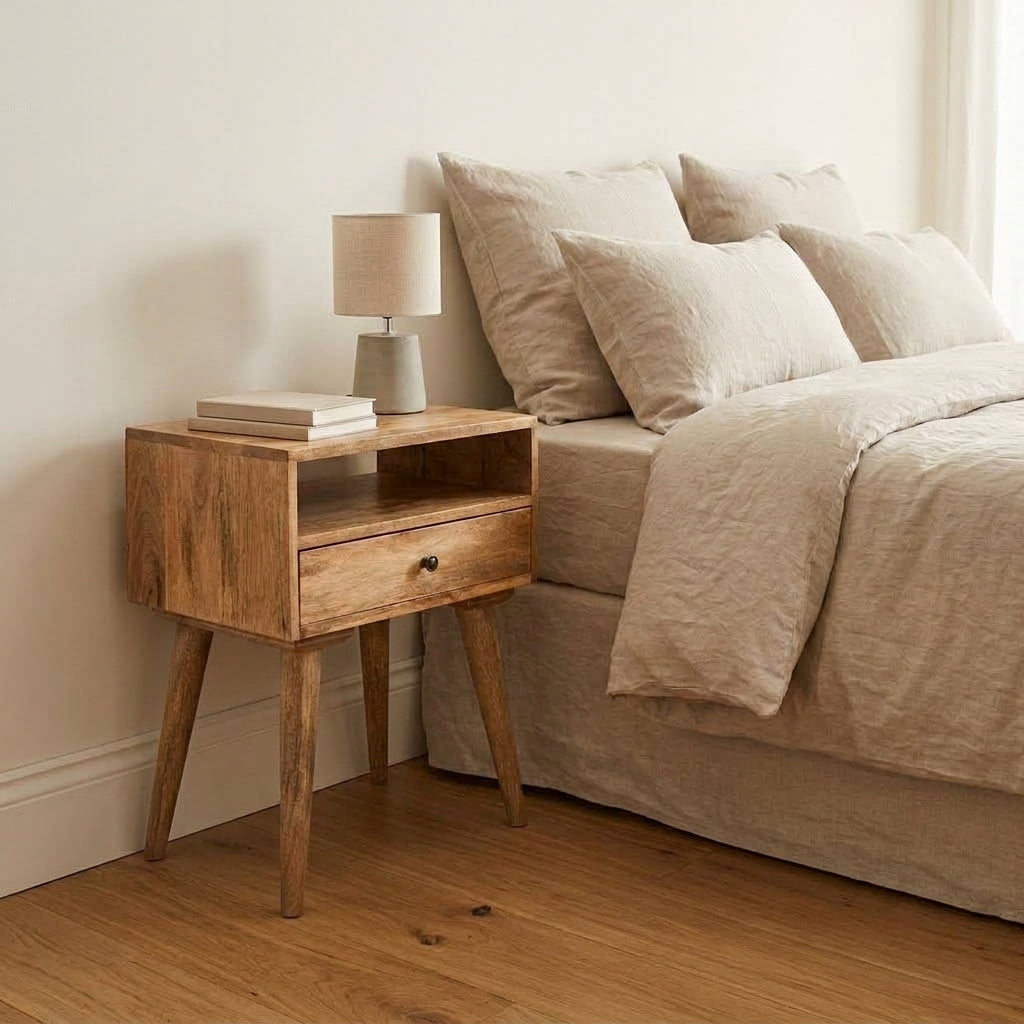 Scandi oak-finish bedside table with drawer and open shelf next to a bed