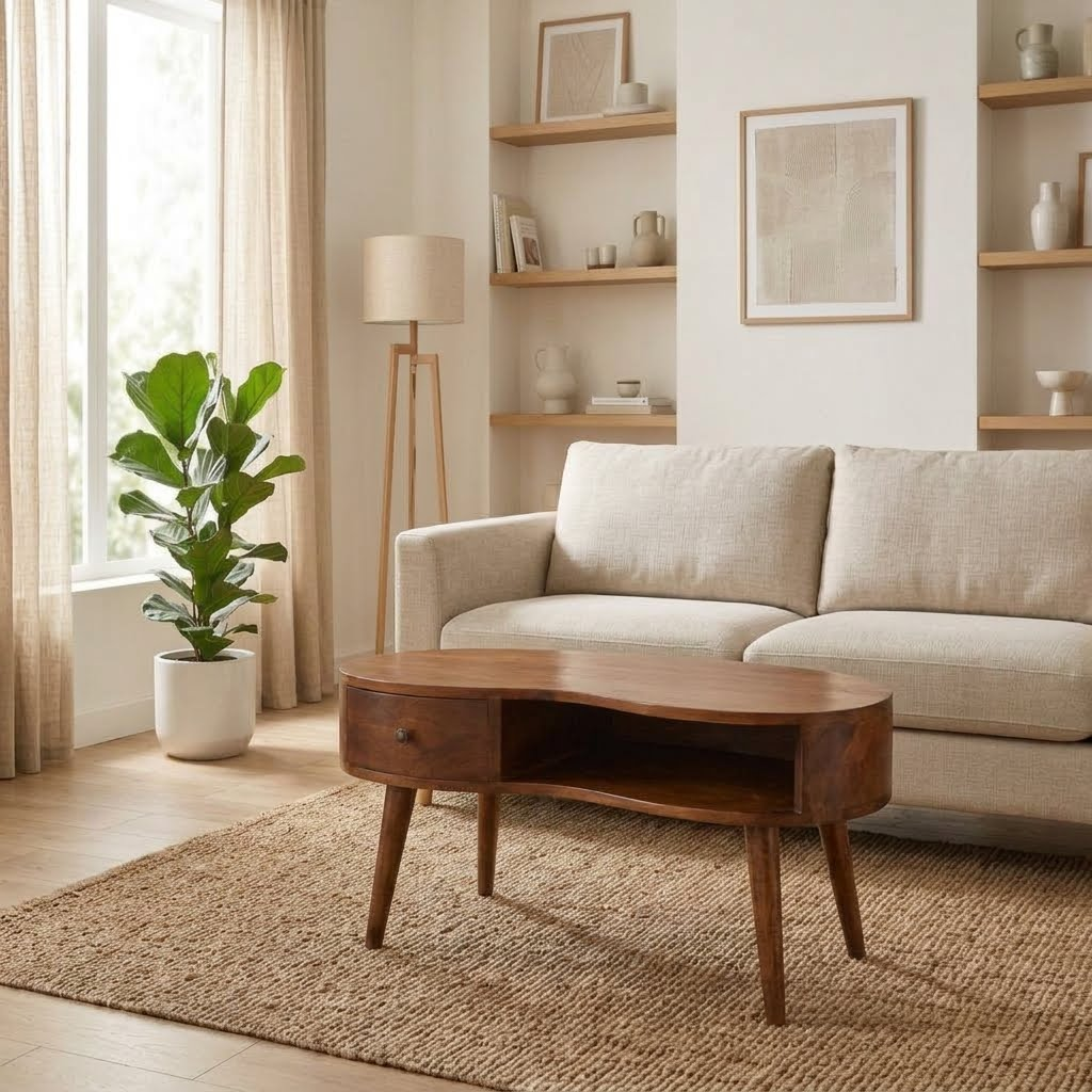Wave edge chestnut coffee table in front of a linen sofa