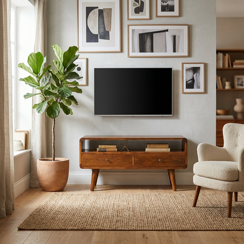 Curved chestnut mango wood TV unit under a wall-mounted TV in a bright living room