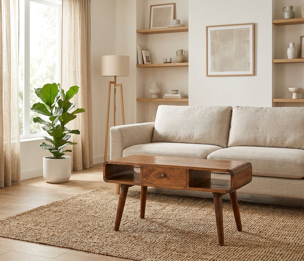 Curved chestnut mango wood coffee table in front of a linen sofa in a bright living room
