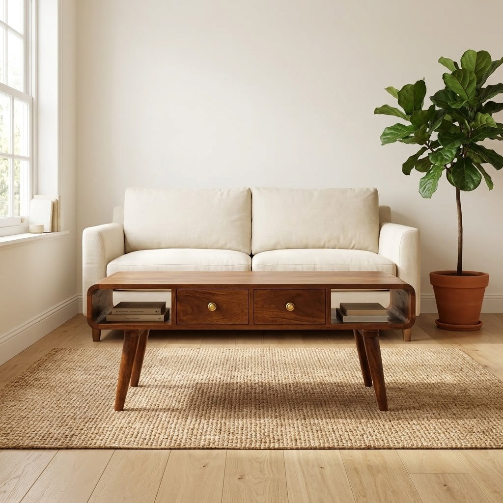 Curved Mango Wood Coffee Table with Drawers, Chestnut, 85 cm in a living room