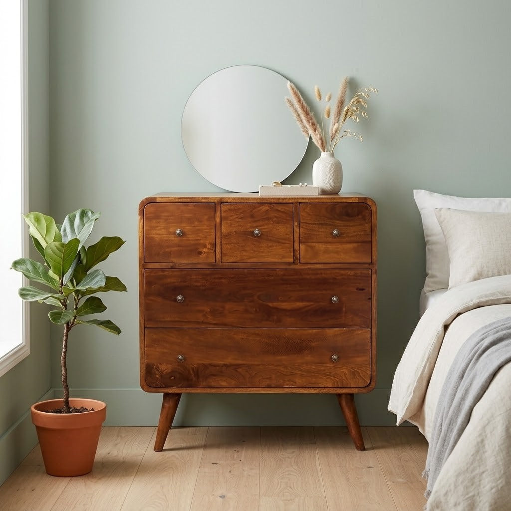 Curved Mango Wood Chest of 5 Drawers (3 over 2), Chestnut in a room