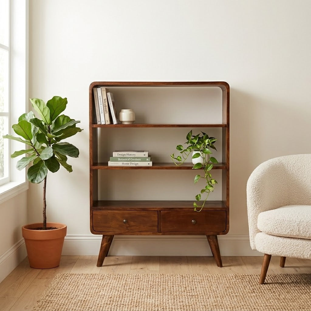 Curved Mango Wood Low Bookcase with 2 Drawers, Chestnut in a room