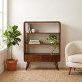 Curved Mango Wood Low Bookcase with 2 Drawers, Chestnut in a room
