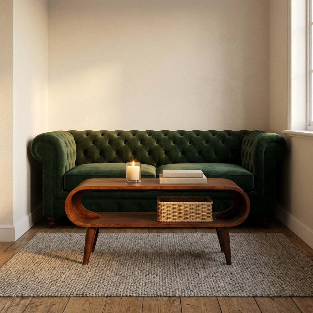 Nordic chestnut coffee table with open shelf in front of a green velvet sofa