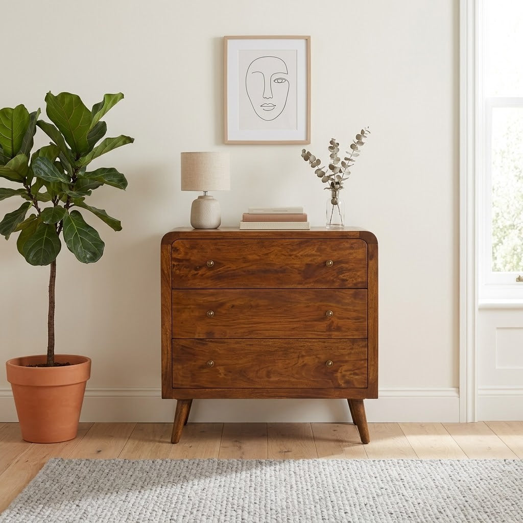 Curved Mango Wood Chest of 3 Drawers, Chestnut, 70 cm in a room