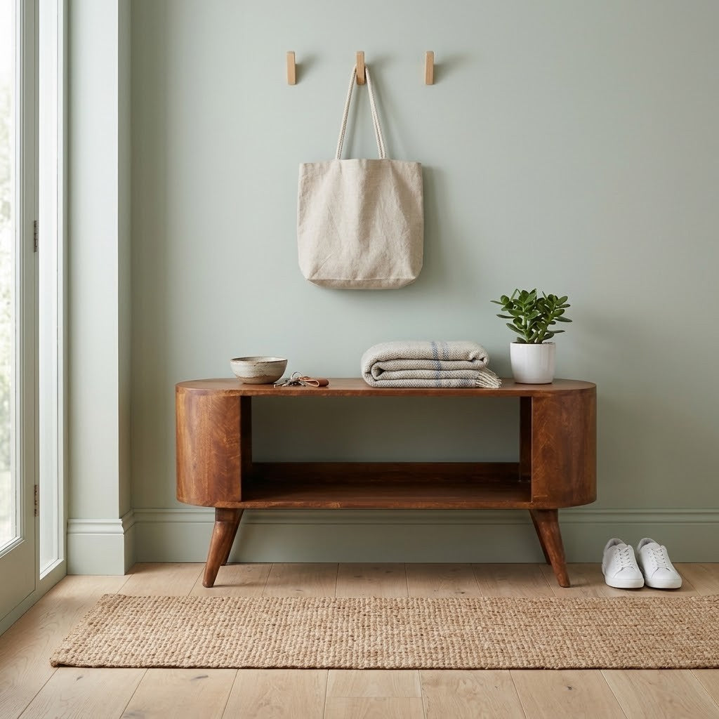 Low Mango Wood Shoe Cabinet with Open Slot, Chestnut, 110 cm in a room