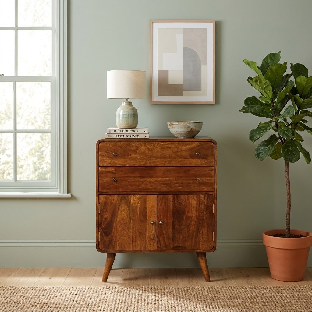 Curved Mango Wood Cabinet with 2 Drawers and 2 Doors, Chestnut in a room