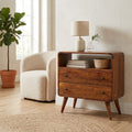 Curved Mango Wood Small Chest with 2 Drawers and Shelf, Chestnut in a room