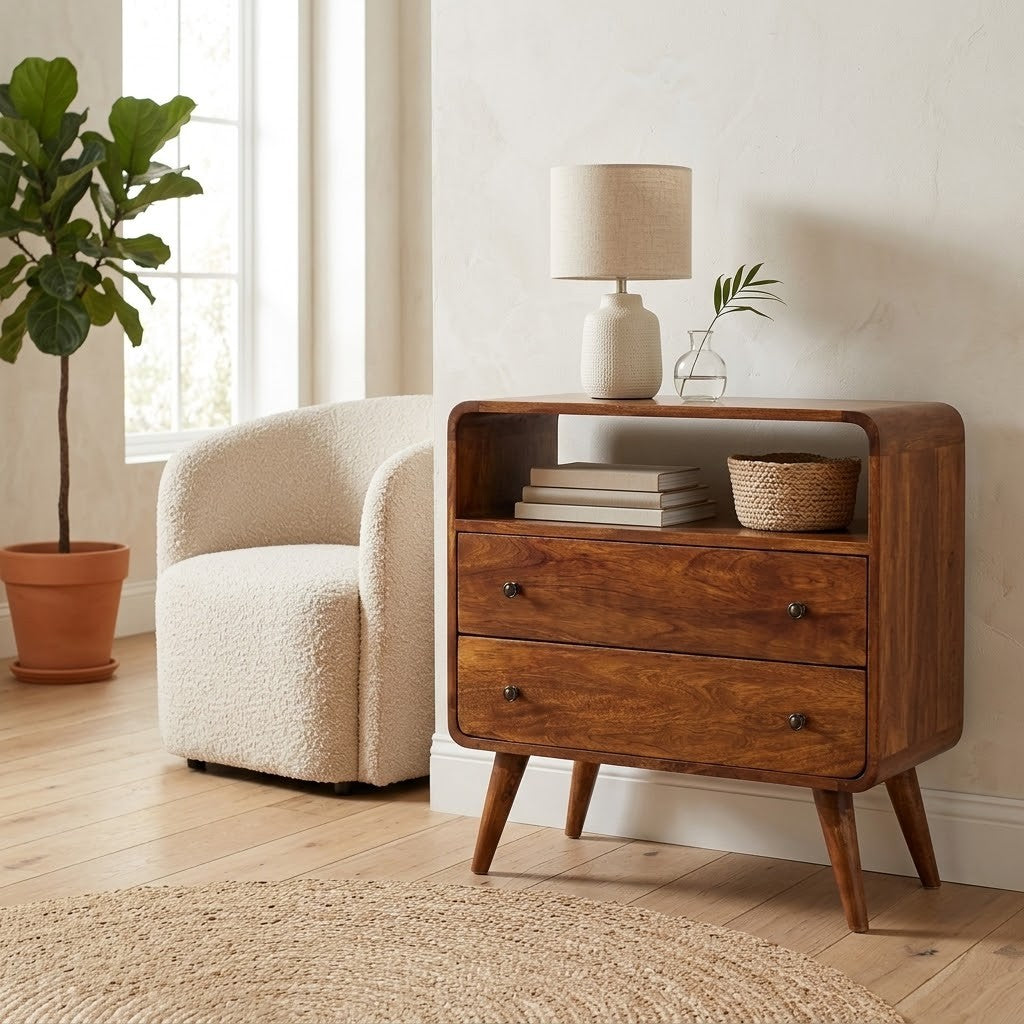 Curved Mango Wood Small Chest with 2 Drawers and Shelf, Chestnut in a room