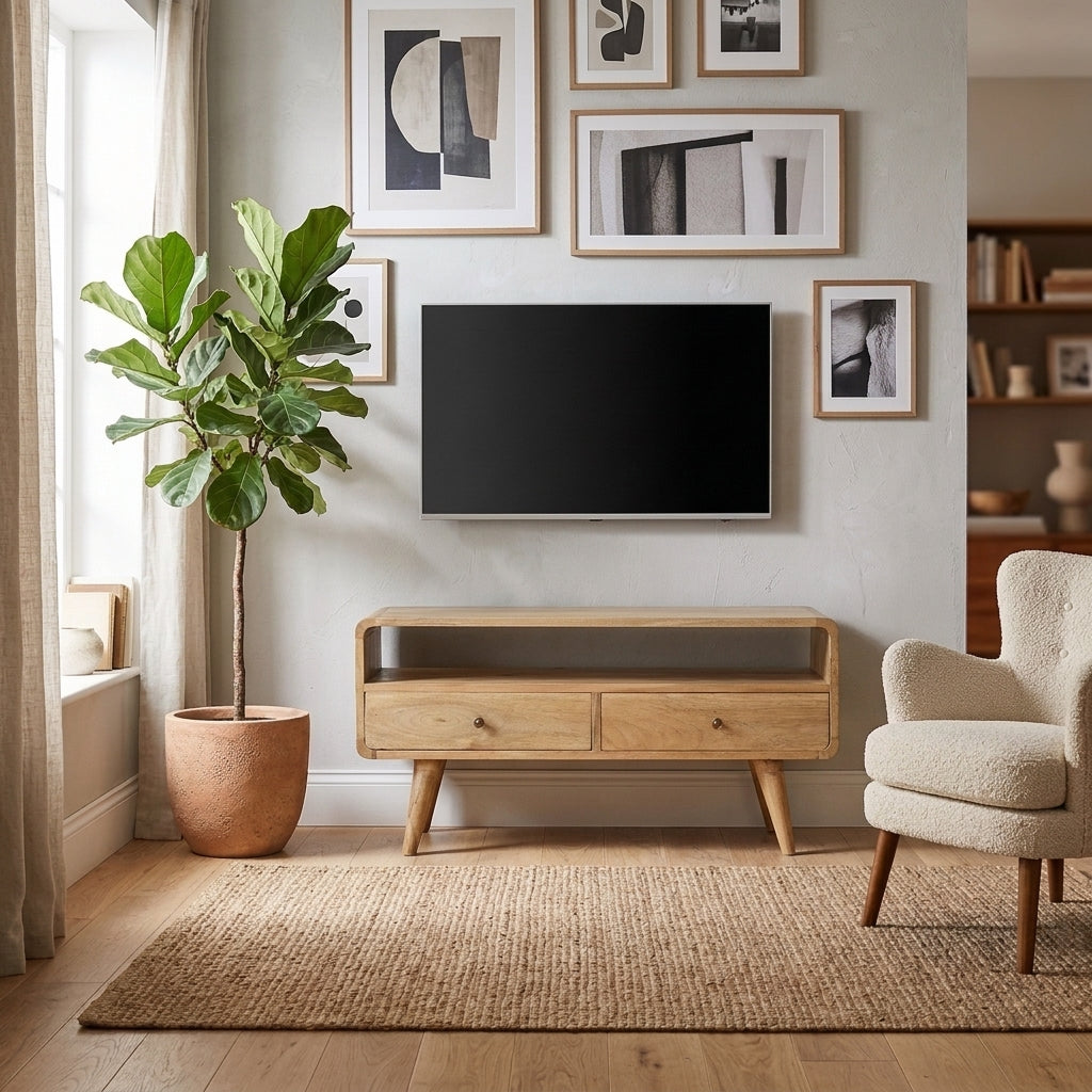 Curved oak-finish mango wood TV unit under a wall-mounted TV in a bright living room