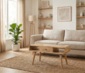 Curved oak-finish mango wood coffee table in front of a linen sofa