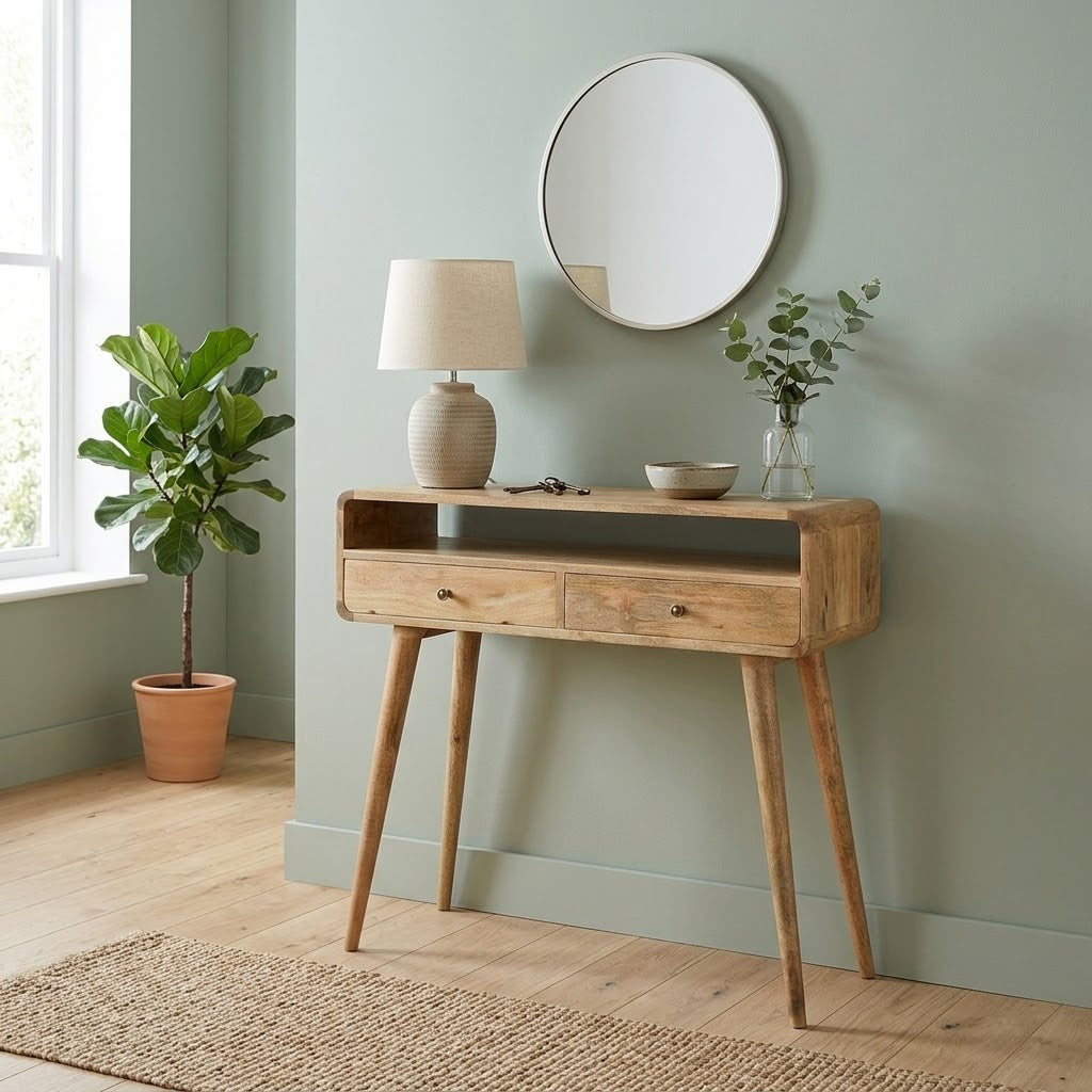 Curved Mango Wood Console Table with 2 Drawers, Oak Finish, 90 cm in a room