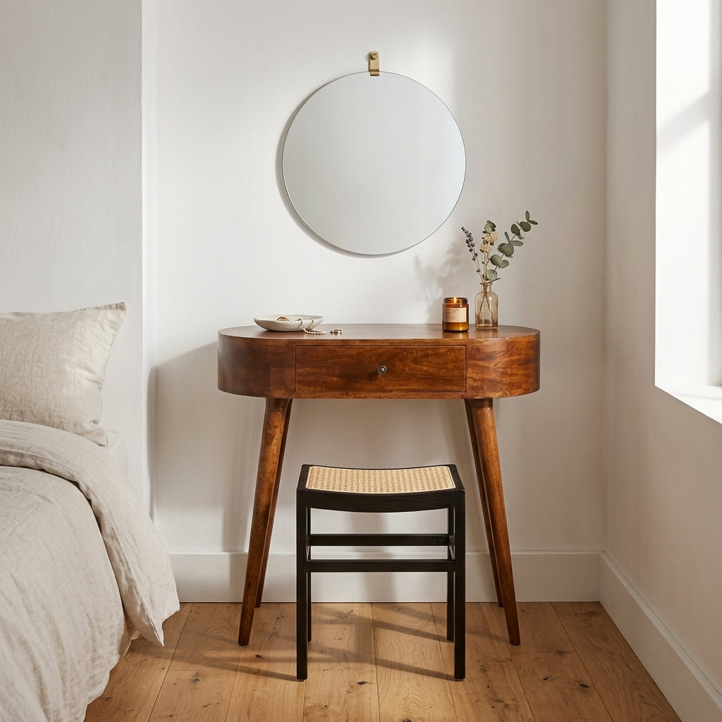 Small chestnut mango wood console used as a dressing table in a bedroom