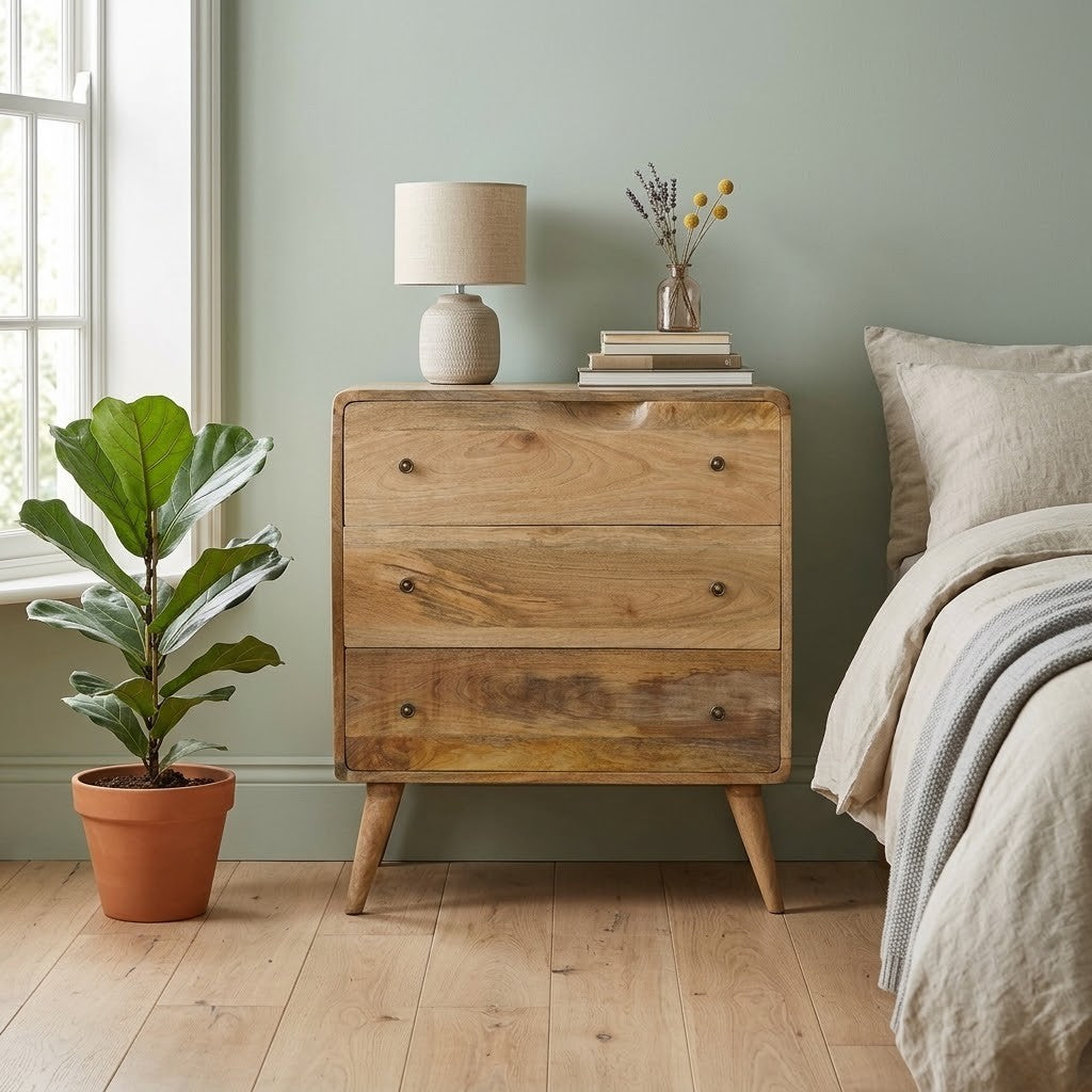 Curved Mango Wood Chest of Drawers, Oak Finish, 70 cm in a room