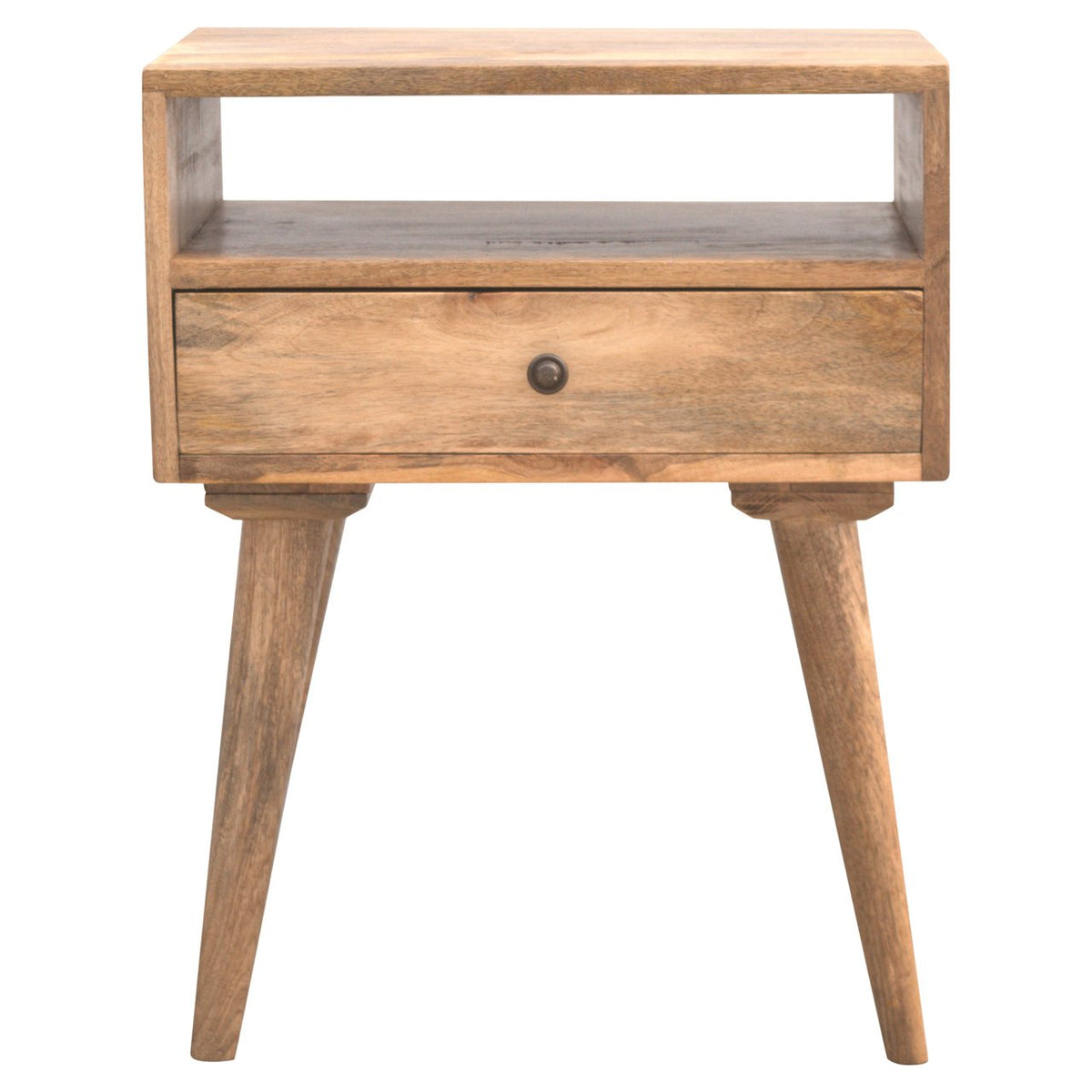 Scandi oak finish mango wood bedside table with drawer and open shelf